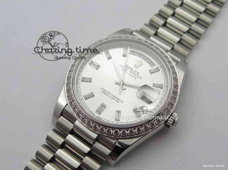 0126 TechFriendly Day Date 40mm SS BP Maker Best Edition Diamond Bezel Silver Dial On SS Bracelet ETA 3696